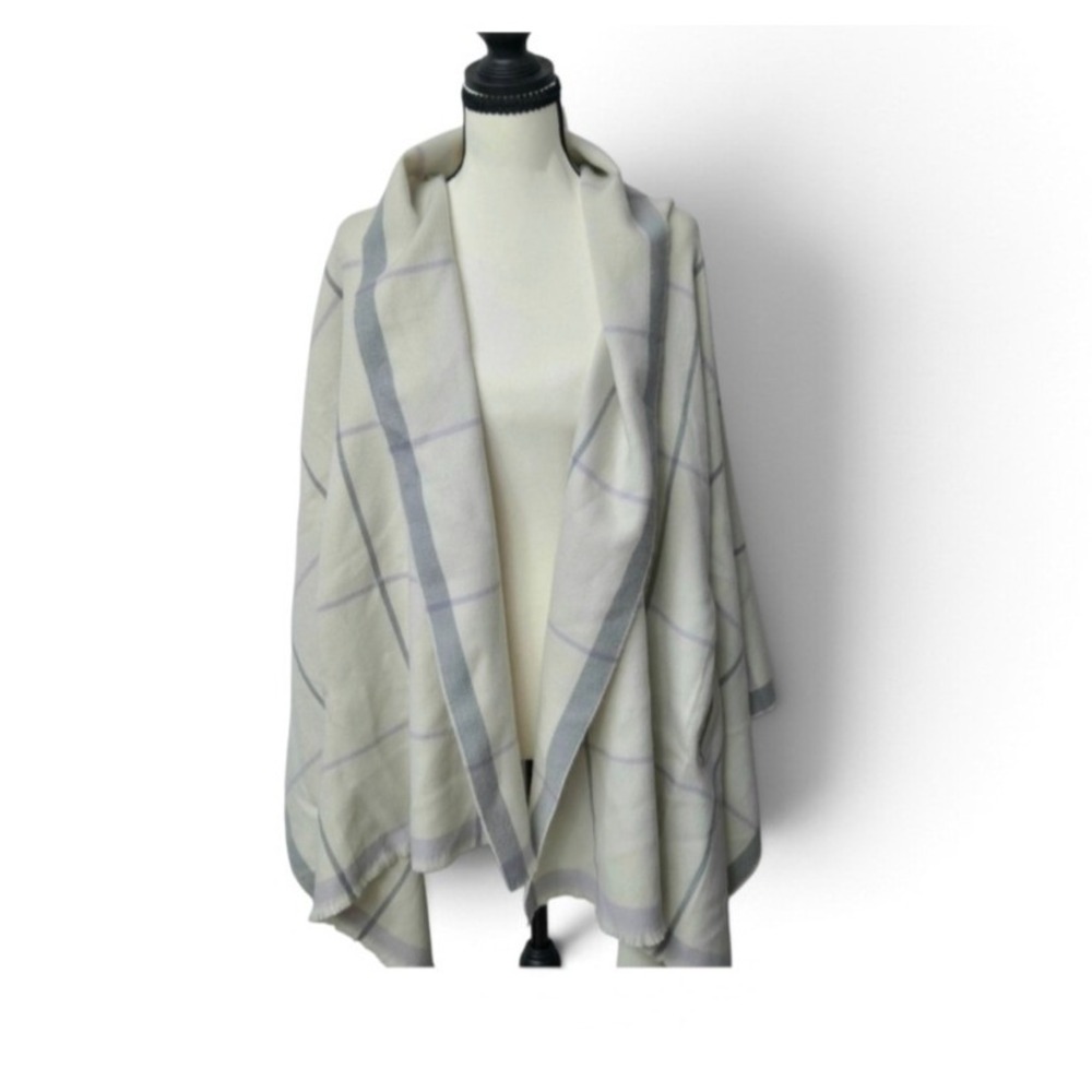 J Crew Plaid Cape Scarf With Armholes Cream Grey Lavender NWT
